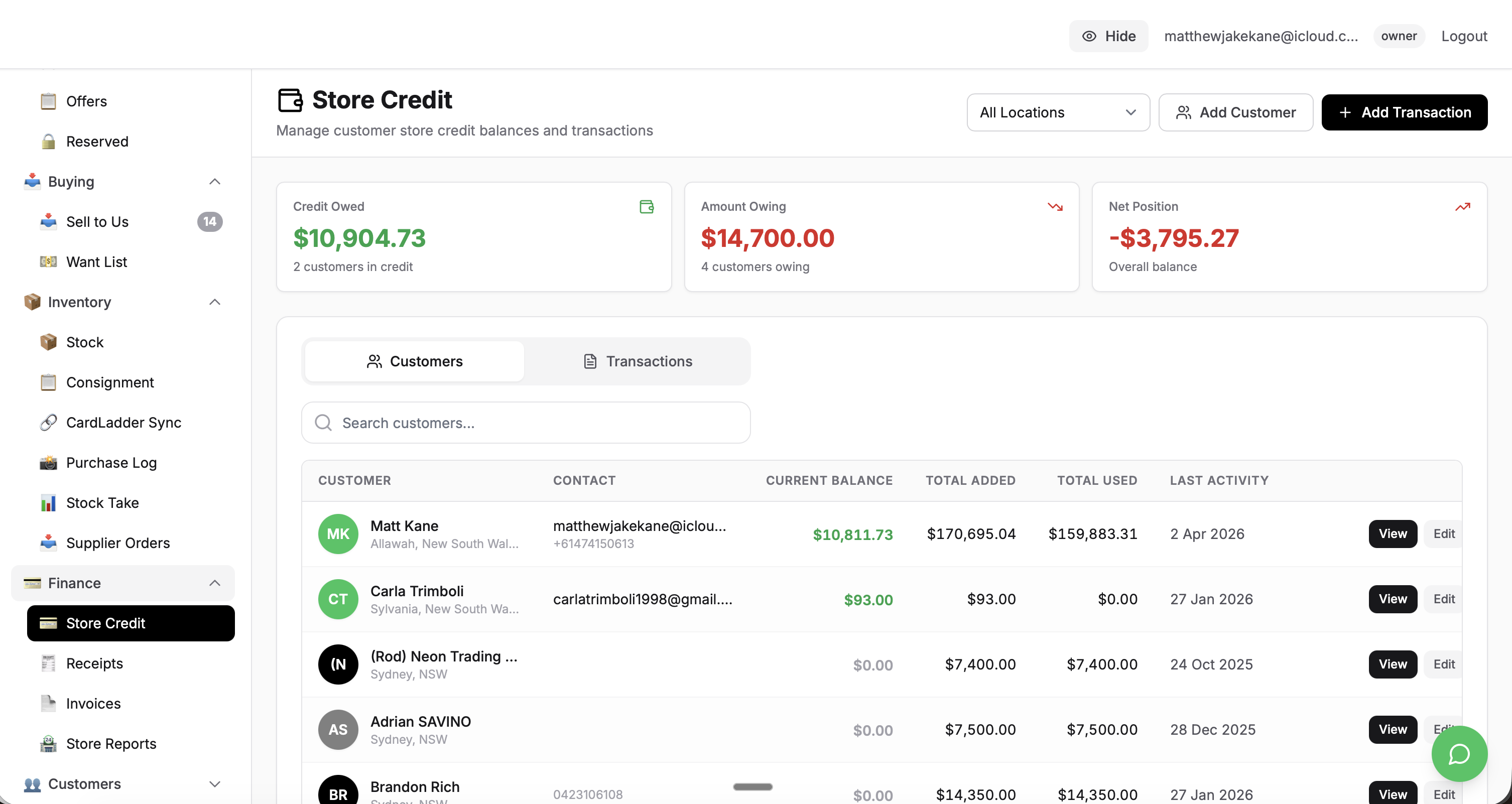 Swapitt store credit ledger showing customer balances, credit owed, and net financial position
